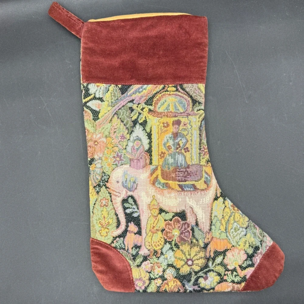 Vintage Tapestry Christmas Stocking Elephant Floral Print Velvet Trim‎ Holiday